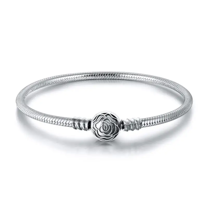 Даларан подлинный 925 пробы серебряный Змеиный браслет на цепочке браслеты для женщин подходят DIY талисманы бусины 17-20 см - Цвет камня: Round buckle rose