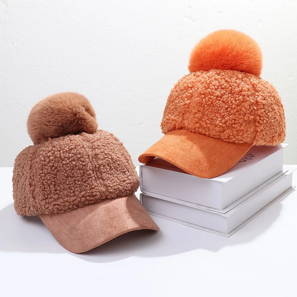 

Autumn and Winter Women Caps with Hairball Cute Style Lamb Wool Solid Color Curved Brim Outdoor Adjustable Head Circumference