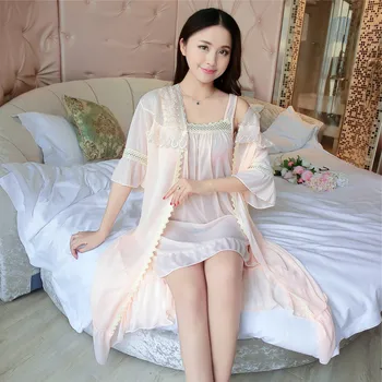 

2pcs (Basic+Outwear) Sleepdress Korean Ice Silk Short Sleeve Lace Home Nighty Sexy Sleepwear Women Silk Lingerie Sleeping Dress