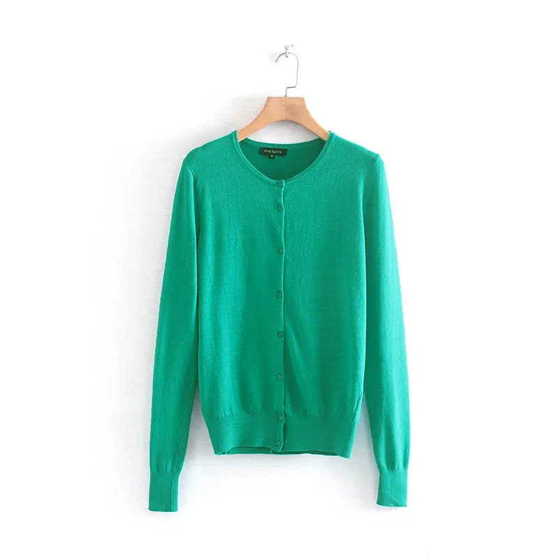 

Green Cardigans Sweater Women Short Buckle Coat Spring Autumn Thin Knitted Sweater Western Style Basic Full Sleeve Slim Tops
