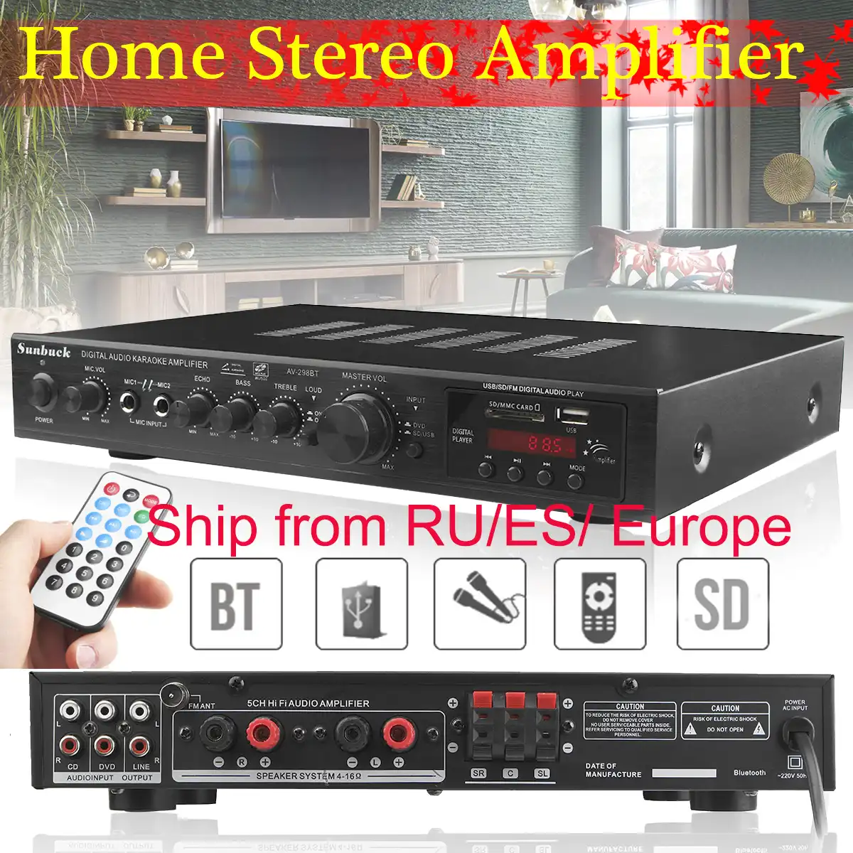 1000W 2CH HIFI Car Home Theater Amplifiers Stereo Audio bluetooth FM Radio Power with Remote
