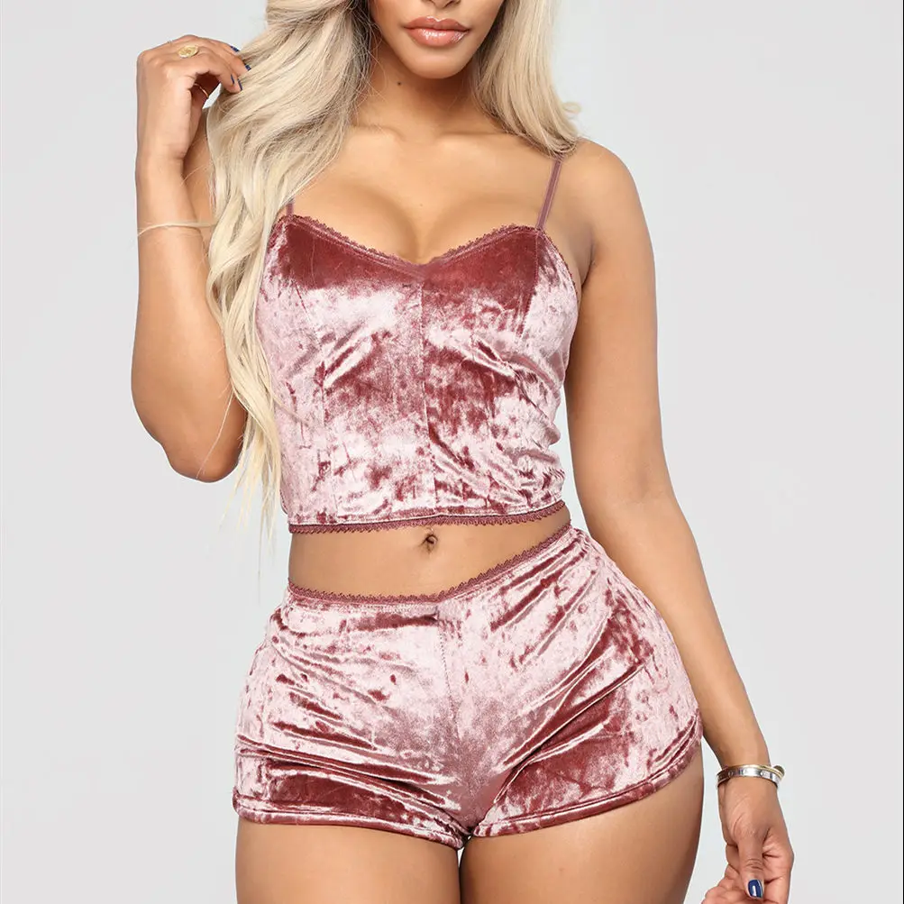 

Hot Women 2 piece set Velvet Sleepwear Sexy Spaghetti Strap Shorts Pajamas Suit Ladies Casual Sleepwear Female Pajama Party Set
