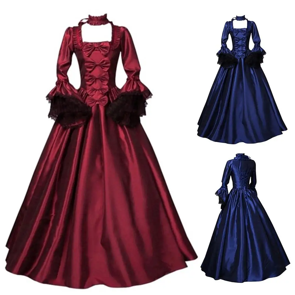 

Medieval Gothic Solid Color Bow Lace Patchwork Flare Sleeve Ball Gown Maxi Dress Nylon Polyester Spandex Floor Length Size S-3XL