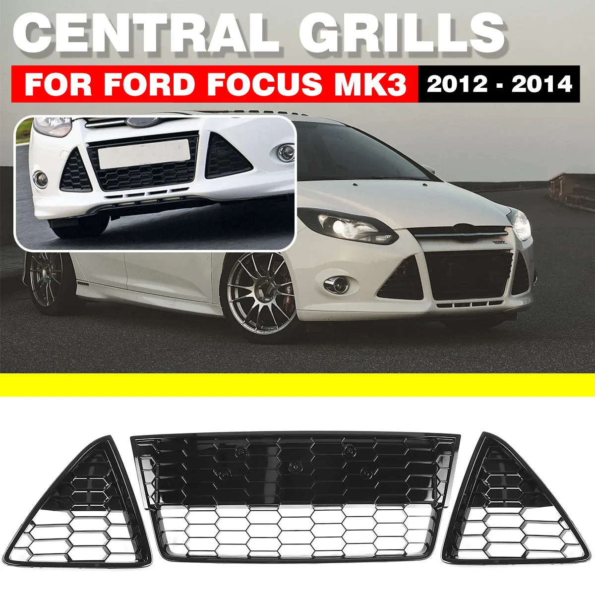 Exterior Accessories 3pcs Front Bumper Lower Grille Gloss