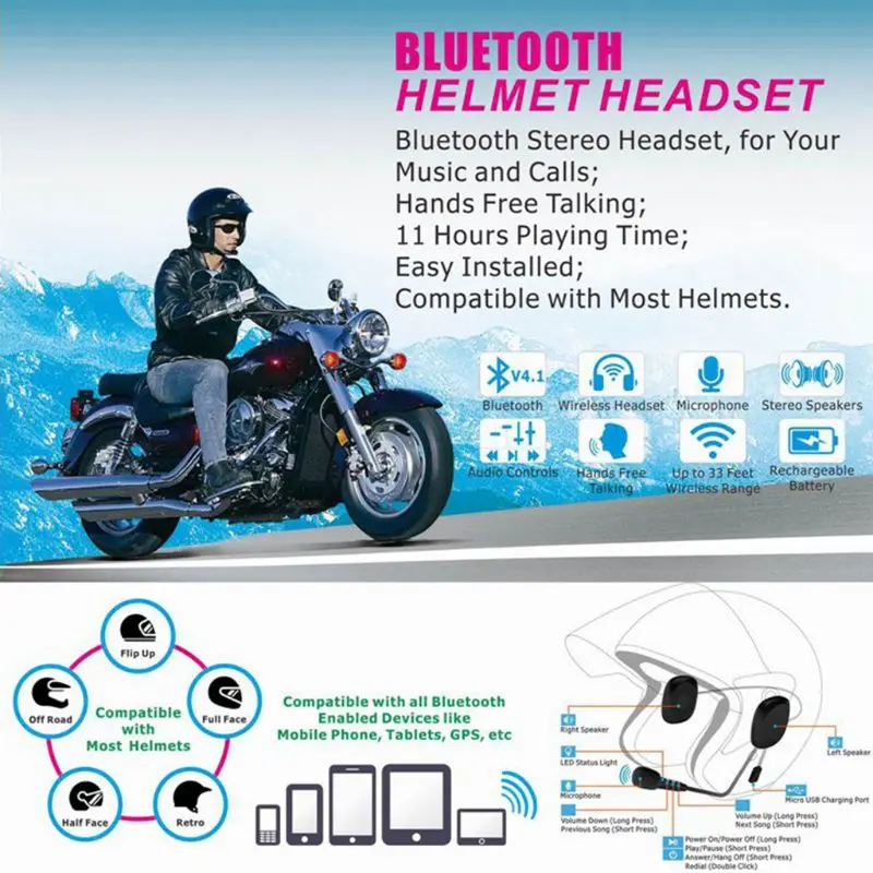 1 комплект мотоциклетных беспроводных Bluetooth наушников Hands-free шлем гарнитура Интерком