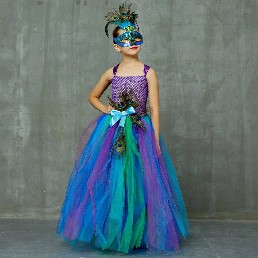 Flower Princess Peacock Costume for Girls Wedding Birthday Party Tutu Dress Kids Pageant Ball Gown Feathers Girl Tulle Dresses (7)