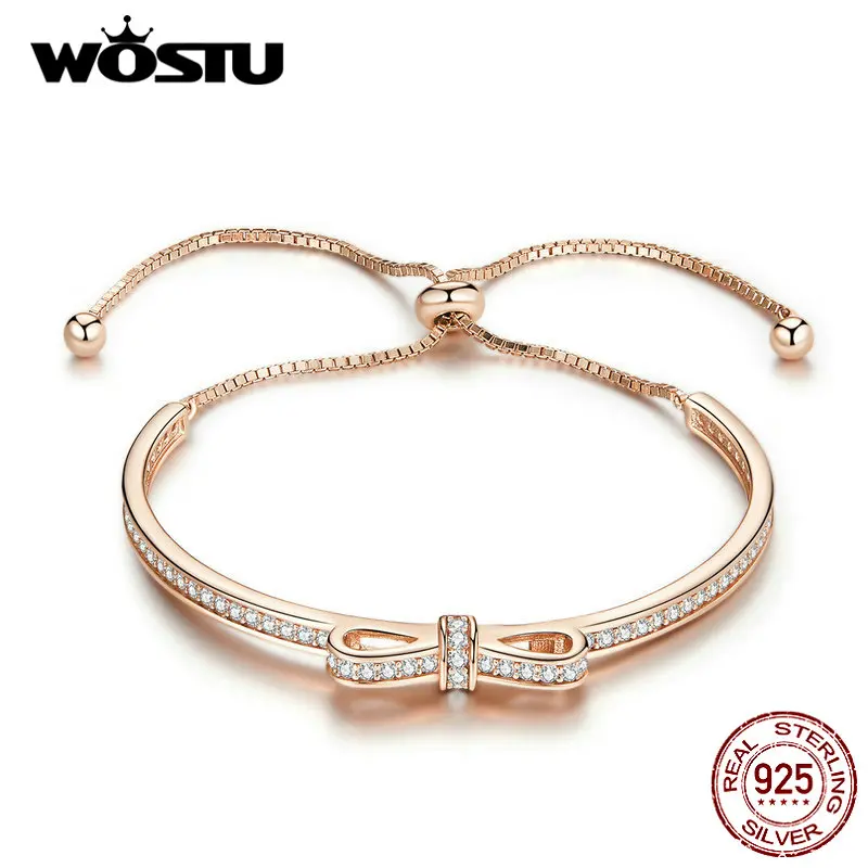 Женский браслет с бантом WOSTU из стерлингового серебра 925 пробы розовое золото для