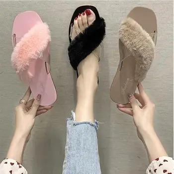 

fashion Women Home Slippers with Faux Fur Fashion Warm Shoes Woman Slip on Flats Female Slides Black Pink