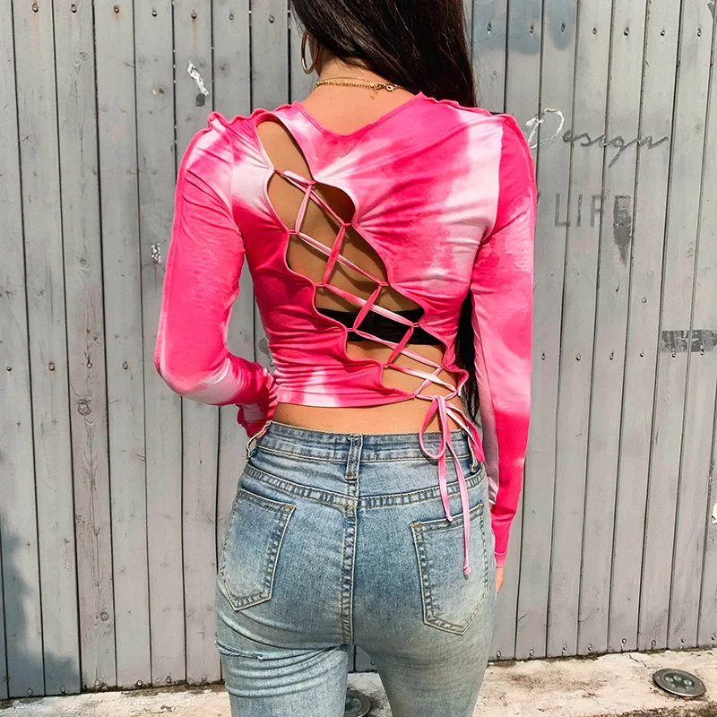

Tie Dye T-shirt Woman Autumn 2020 Slim Fit Long Sleeve Crop Tops Harajuku Sexy Back Hollow Out Bandage Ladies Top Tee Streetwear