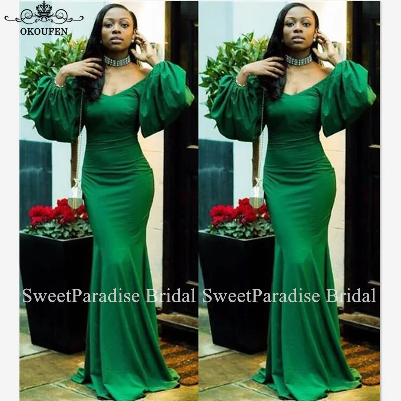 

Puffy Bishop Long Sleeves Evening Dress Graceful Green Robe De Soiree Plunging Neck Mermaid Prom Dresses For Women