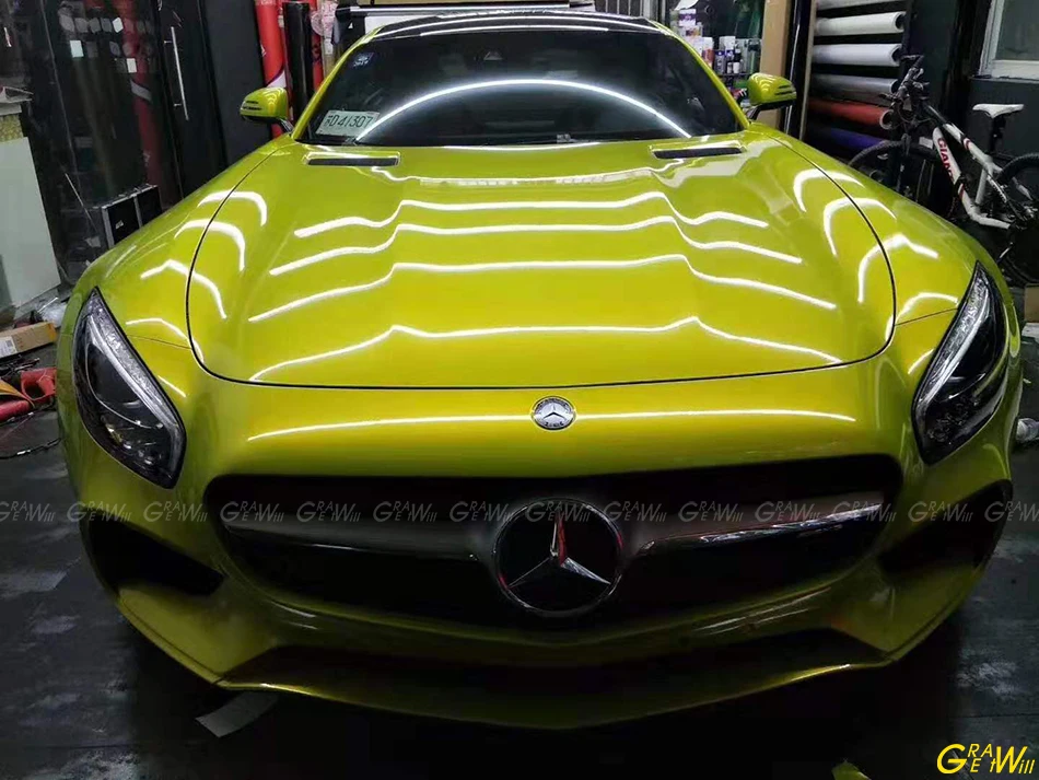 Gloss Metal Paint Lemon Yellow Vinyl Wrap Film Super Glossy Metal Lemon Yellow Car Wrap Sticker Air Bubble Free 1.52*18M/Roll