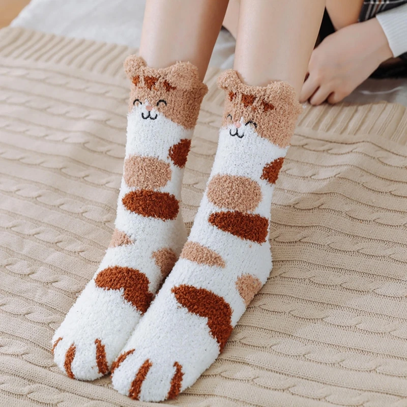 Женские зимние пушистые тапочки из микрофибры домашние носки с мультяшными