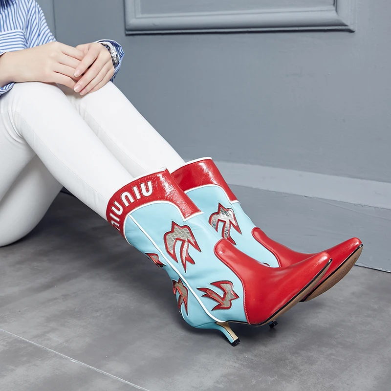 

women Boots pointed toe stiletto fashion western cowboy short Boots genuine leather color matching Christmas women's shoes