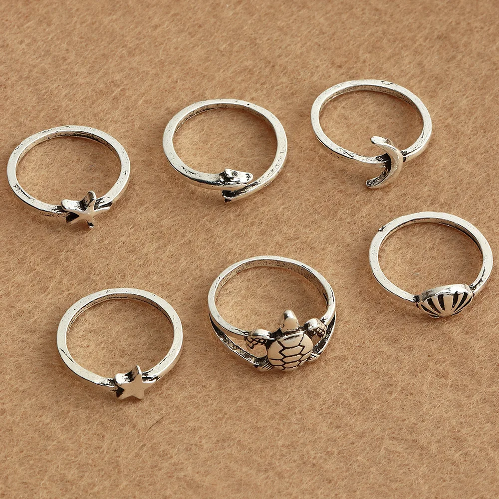 Vintage Silver Plated Butterfly Elephant Ring Set For Women Ethnic Feather Arrow Finger Ring Female Charm