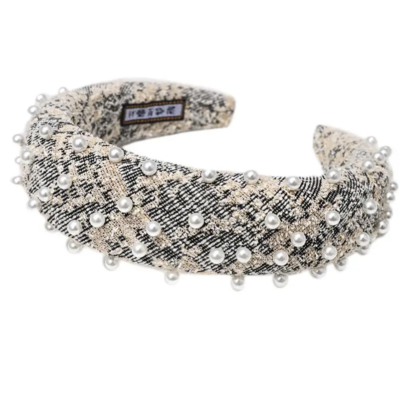 Korean Thick Sponge Padded Hair Hoop Women Snakeskin Rhombus Knitted Wide Headband Imitation Pearl Beaded Party 1 Korean Thick Sponge Padded Hair Hoop Women Snakeskin Rhombus Knitted Wide Headband Imitation Pearl Beaded Party 2