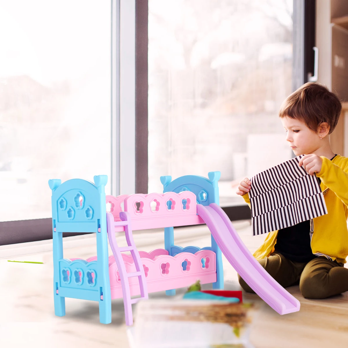 Doll House Miniature Plastic Bunk Bed Double-Decker Assembly Furniture Playset For Baby Doll Accessory Pretend Play Toy Doll House Miniature Plastic Bunk Bed Double-Decker Assembly Furniture Playset For Baby Doll Accessory Pretend Play Toy