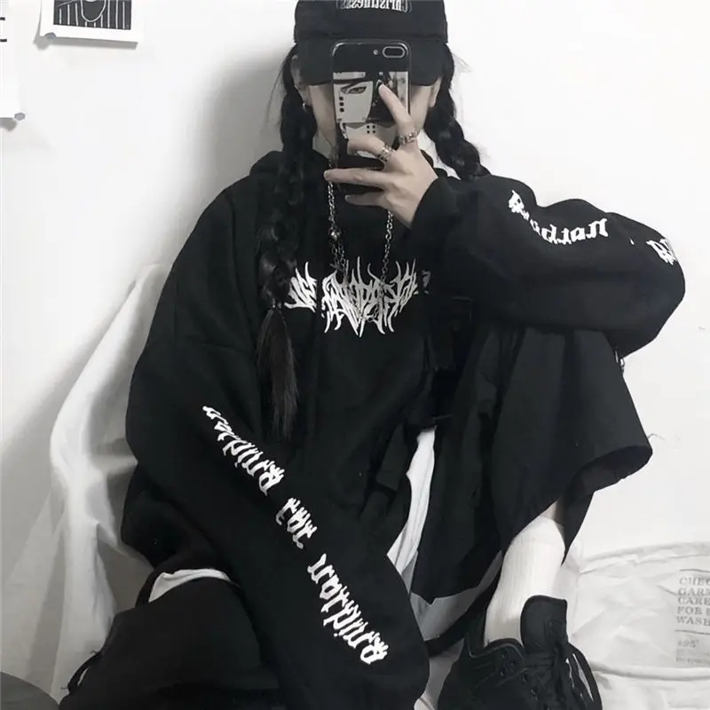 Women Loose Streetwear Black Sweatshirt Knitted Hooded Sexy Print Hoodies Fashion Moletom Long Hoodie Women Tops dropshipping