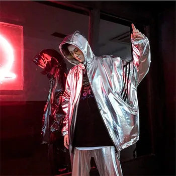 

Laser Symphony Jersey Jacket Iridescent Hooded Hologram Blouse Coat Bar Club Sexy Costume Jacket Women Man Hip Hop Dance Long