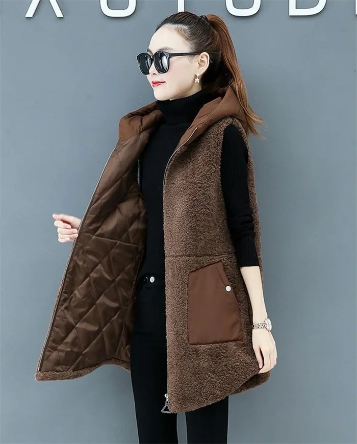 Imitate Lambswool Ladies Vest Coat New Autumn Winter Loose Hooded Outside Take Middle Length Payment Thicken Female Vest Jacket maxi puffer coat womens