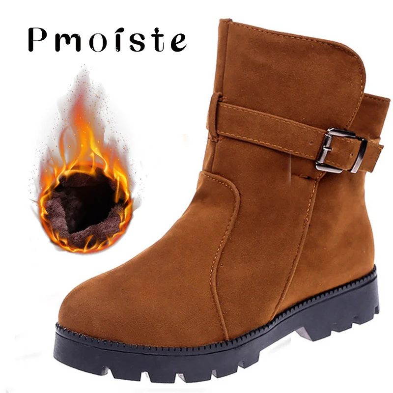 Женские ботинки из PU искусственной кожи, Большой Размер(43)-44 Туфли с ремешком и пряжкой красивые Зимние ботинки Для женщин ботинки до середины икры на Высоком толстом резиновом плюшевая женская обувь