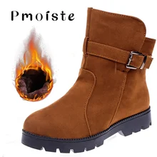 Женские ботинки из PU искусственной кожи, Большой Размер(43)-44 Туфли с ремешком и пряжкой красивые Зимние ботинки Для женщин ботинки до середины икры на Высоком толстом резиновом плюшевая женская обувь