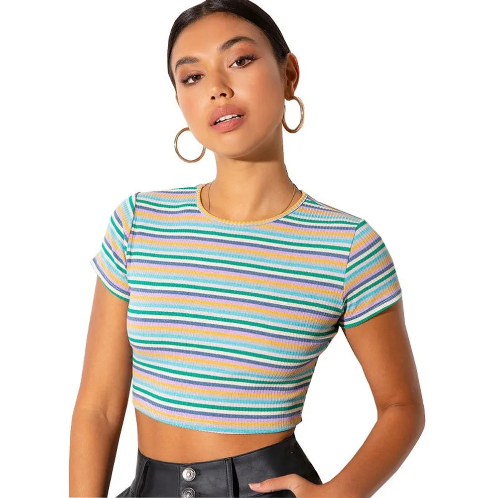 

Short Sleeve Round Neck T Shirt Skinny Short Striped High Elasticity T-shirt Splicing Exposed Navel Cotton Summer Women T Shirts