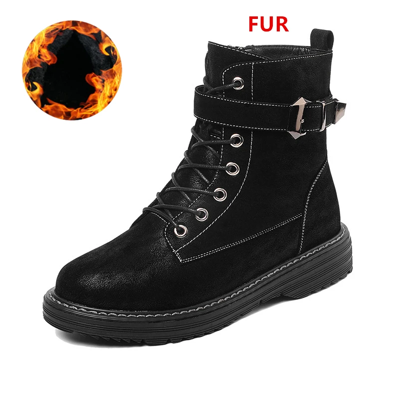 New Buckle Winter Motorcycle Boots Women British Style Ankle Boots Platform Black Comfortable and Soft Big Size - Цвет: Black fur