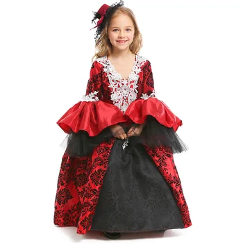 

Children's girls Vampire medieval royal princess dress with hat stage lace flower renaissance gown dress for Halloween