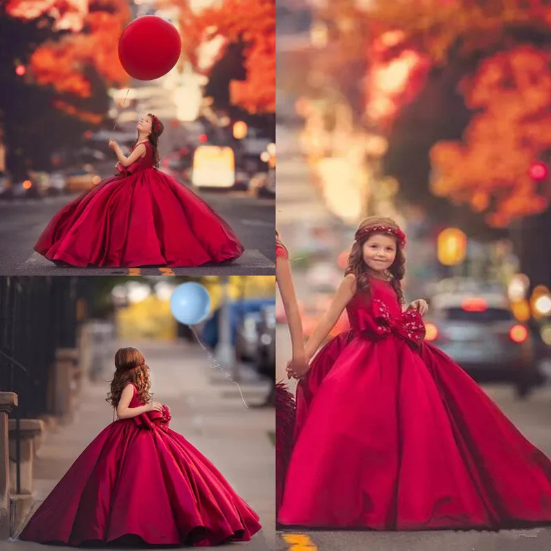 

New Coming High Quality Satin Flower Girl Dress For Special Occasion Red Puffy Custom Made For Princess Birthday Party Vestidos