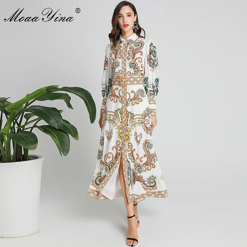 

MoaaYina High Quality Fashion Designer Runway dress Spring Autumn Women Dress Lantern Sleeve Vintage Print Vacation Dresses