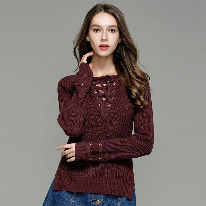 Girls Autumn Thin Knitted Top Ladies Fashion Spring V-neck Long Sleeve Lace Up Big Size Red Wine Sweater Pullover Women Knitwear | Женская