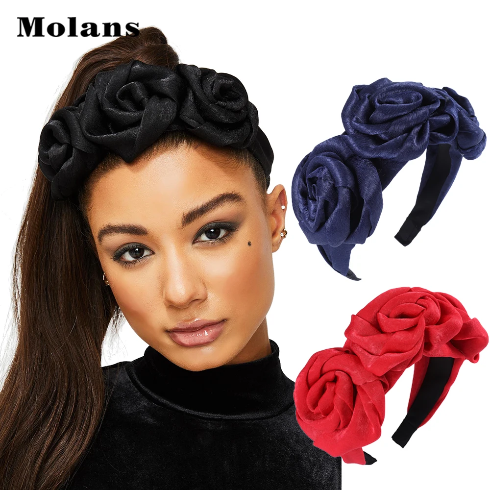 Моланский Шелковый аварийный тройной ободок с розочками для женщин, ручная работа, однотонный, Три розы, ткань, модный обруч на голову, аксессуары для волос для девушек