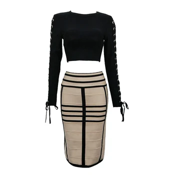 

2020 new women's O-neck two-piece lace-up bandage dress back zipper nylon patchwork new plaid dress celebrity party clothing