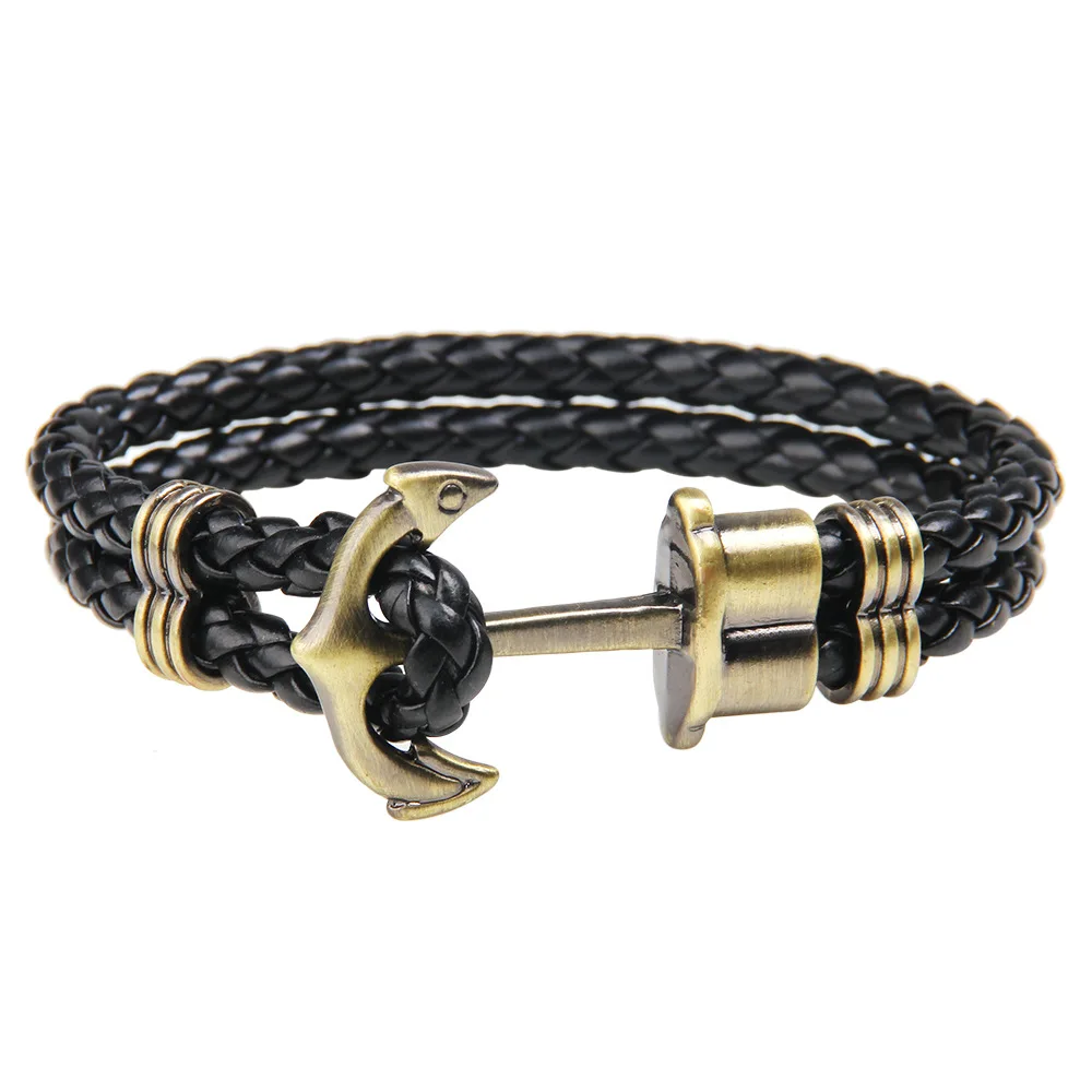 Factory custom logo Navy wind pirate style alloy metal mix nylon rope bracelet men wholesale 2019