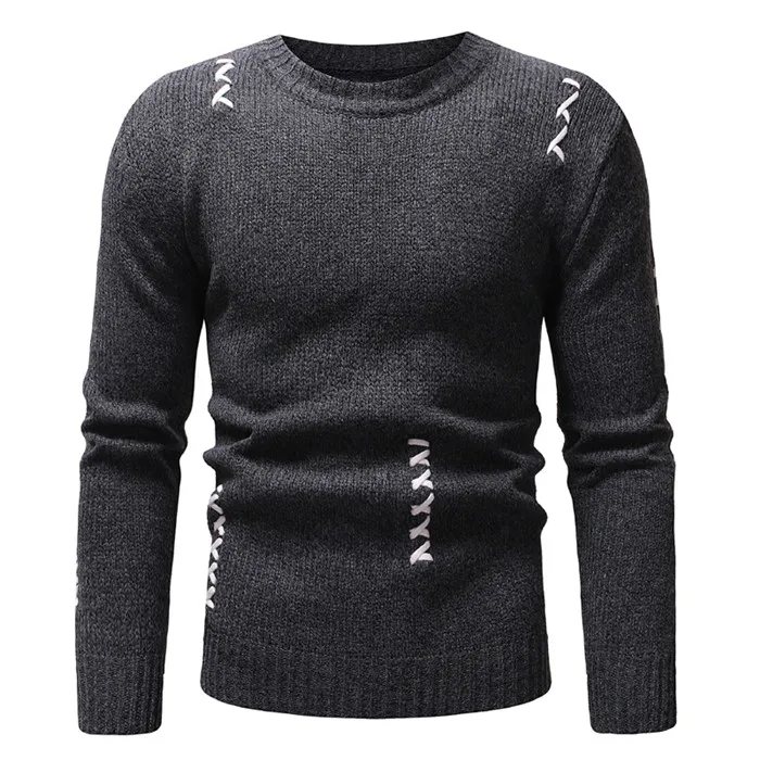 dark gray Модный приталенный мужской свитер с круглым вырезом, Осень-зима, вязаный мужской свитер с длинным рукавом, Мужской пуловер, Мужской пуловер - Цвет: dark gray