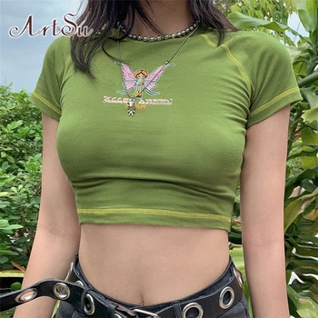 

ArtSu E-girl Butterfly Graphic and Letter Printing Stitch Green Crop Tops Y2K Summer Grunge Style O-neck Short Sleeve T-shirts