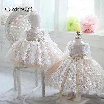 

Fine Lace Baby Dress Wedding Christening Gown Long Sleeves Birthday Party Baptism Princess Dress Puffy Kids Dress Girls Belt
