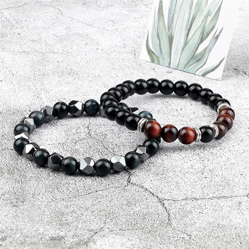 2pcs Irregular Hematite Lava Stone Bracelet Men Fashion 8mm Natural Tiger Eye Beads Couples Bracelets for Women Friends Jewelry