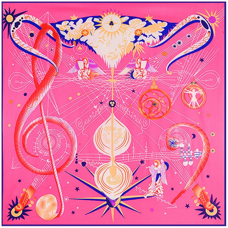 

POBING 100% Silk Scarf Women Large Shawls Music Note Print Stoles Square Scarves Bandana Kerchief Scarf Female Foulards 130CM