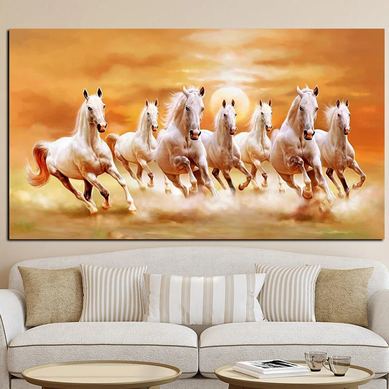 HD Print Artistic Animals Art Seven Running White Horse Oil Painting on Canvas Gold Poster Modern Wall Painting For Living Room  (2)