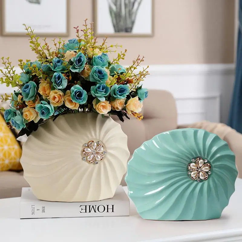 

Simple Modern Ceramic Shell Vase+Artificial Flower Set Craft Livingroom Flower Arrangement Home TV Cabinet Furnishing decoration
