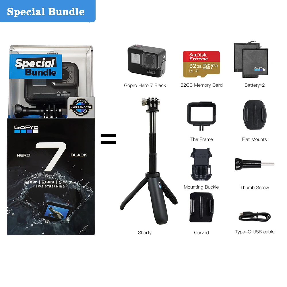 Special Bundle GoPro Hero 7, черная специальная Экшн-камера Go Pro, водонепроницаемая Спортивная камера 4K 1080 P, 12 Мп, Спортивная камера для потоковой съемки в реальном времени - Цвет: Special Bundle