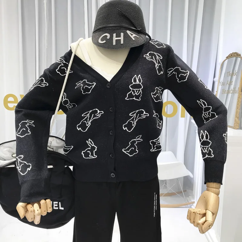 ALPHALMODA Ранняя осень женские тонкие вязаные кардиганы милый рисунок кролика женские модные вязаные свитера с длинными рукавами