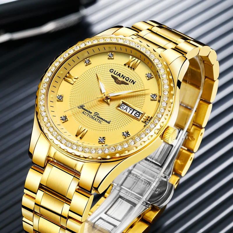 

Watch Switzerland Import Gold Diamond Set Analog Watch Steel Belt Double Calendar 18K Gold Men Business Night Light Watch