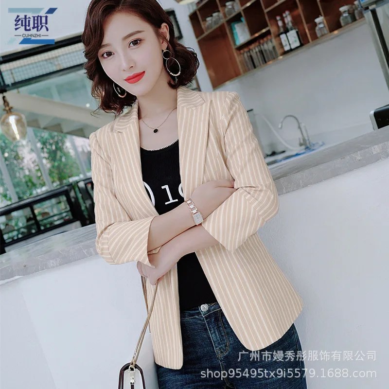 

Small Suit Coat Women's Korean-style Casual Versatile 2019 New Style Autumn Half-sleeve Shirt Slim Fit Gray Vertical Striped Sui