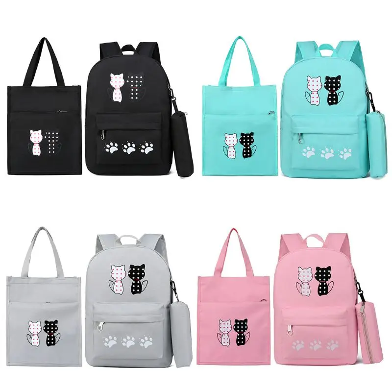 

3Pcs/Set Cute Cat Backpack Travel Canvas Student Rucksack Laptop Daypack Pencil Case for College Teenager F42A