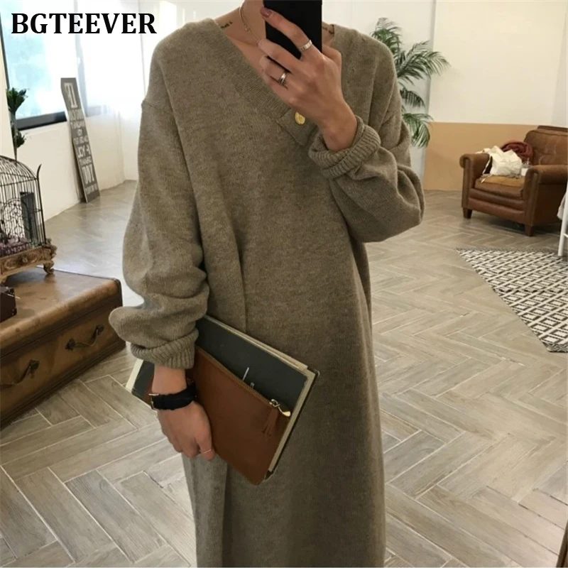 Kopen BGTEEVER Chic Oversize Dikke Lange Trui Jurk Vrouwen V hals Herfst Winter Straight Trui Jurk Vrouwelijke Toevallige Losse Gebreide Jurk