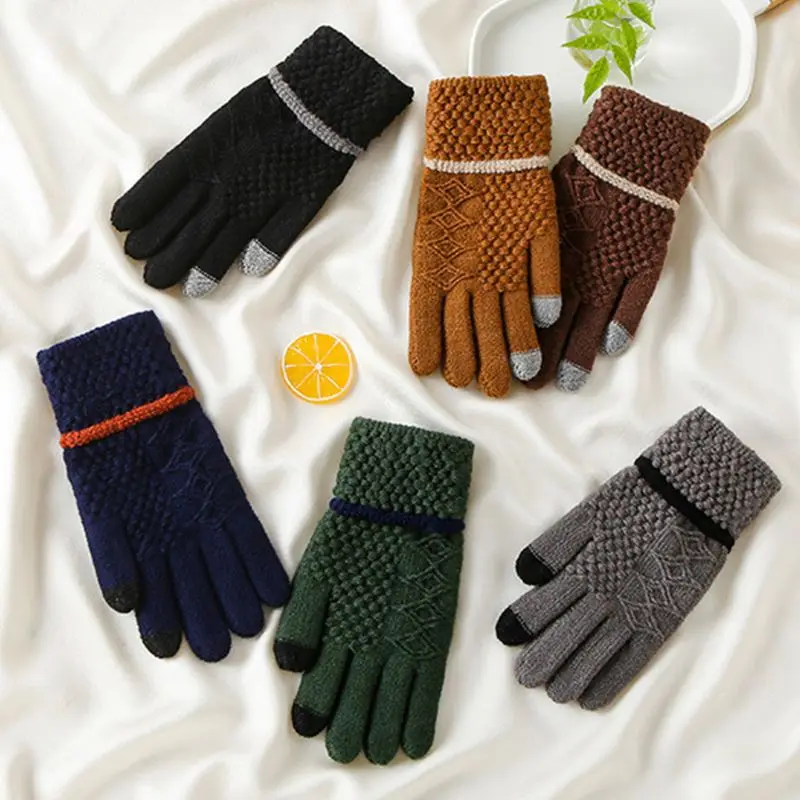 Мужские зимние Волшебные вязаные перчатки с сенсорным экраном, перчатки с геометрическим ромбовидным узором, жаккардовые теплые варежки с теплой подкладкой для студентов