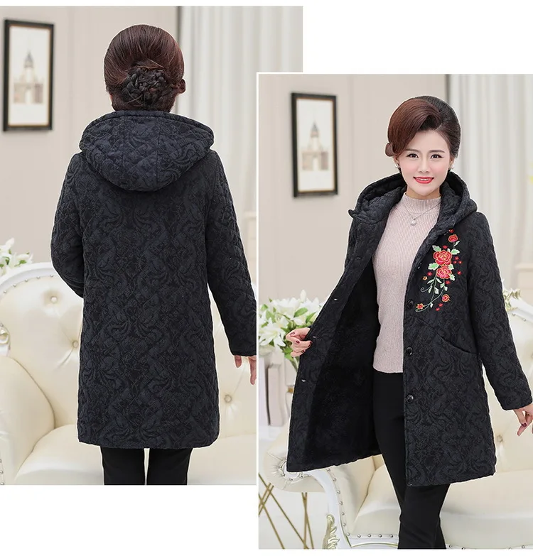 Зимние женские парки с вышитыми цветами, куртка, плюс размер, 5XL, толстовки, женская верхняя одежда среднего возраста, теплые бархатные пальто, одежда