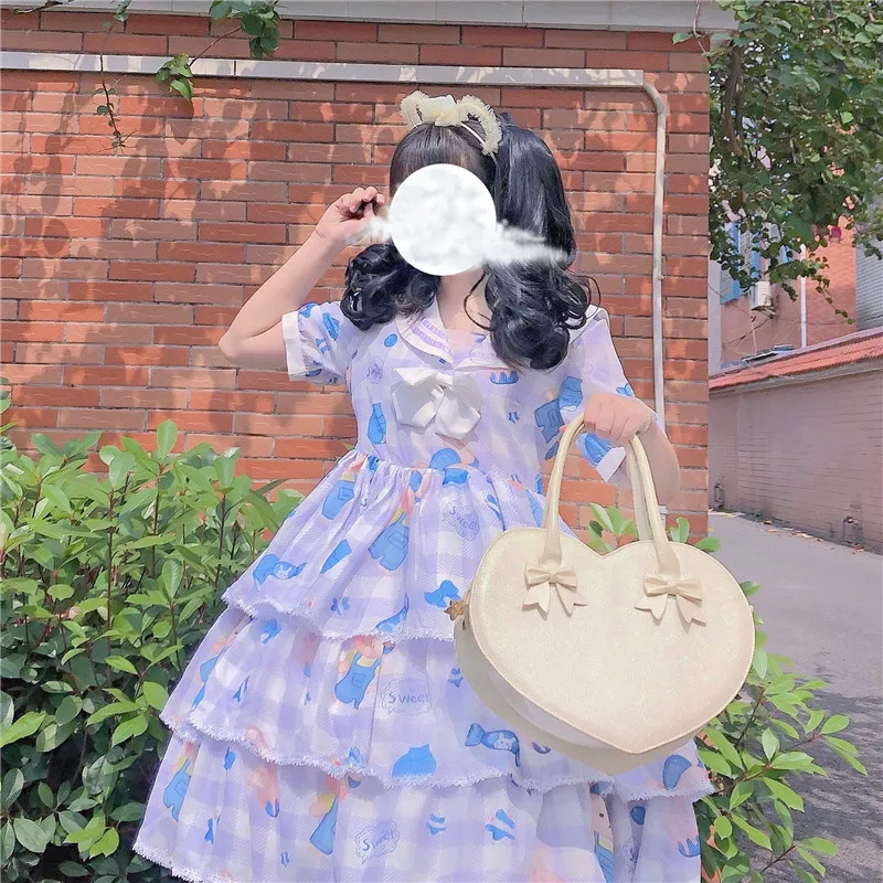 Japanese Summer Kawaii Soft Girls Dress Sailor Collar Bow Cartoon Little Bear Tutu Dresses Sweet Ruffled Lolita Cupcake Dress